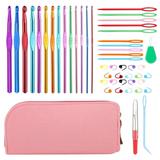 49 Pcs Crochet Needles Set Crochet Hooks Kit with Pink Storage Case Ergonomic Knitting Needles Blunt Needles Stitch Marker DIY Hand Knitting Craft Art Tools for Beginners.