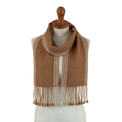 Warmth,'Striped & Fringed Brown Scarf Hand-Woven in 100% Baby Alpaca'