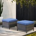 PARKWELL 2PCS Outdoor Wicker Ottoman Patio Rattan Furniture Metal Footrest Seat Square Footstool Patio Furniture w/ Blue Cushion