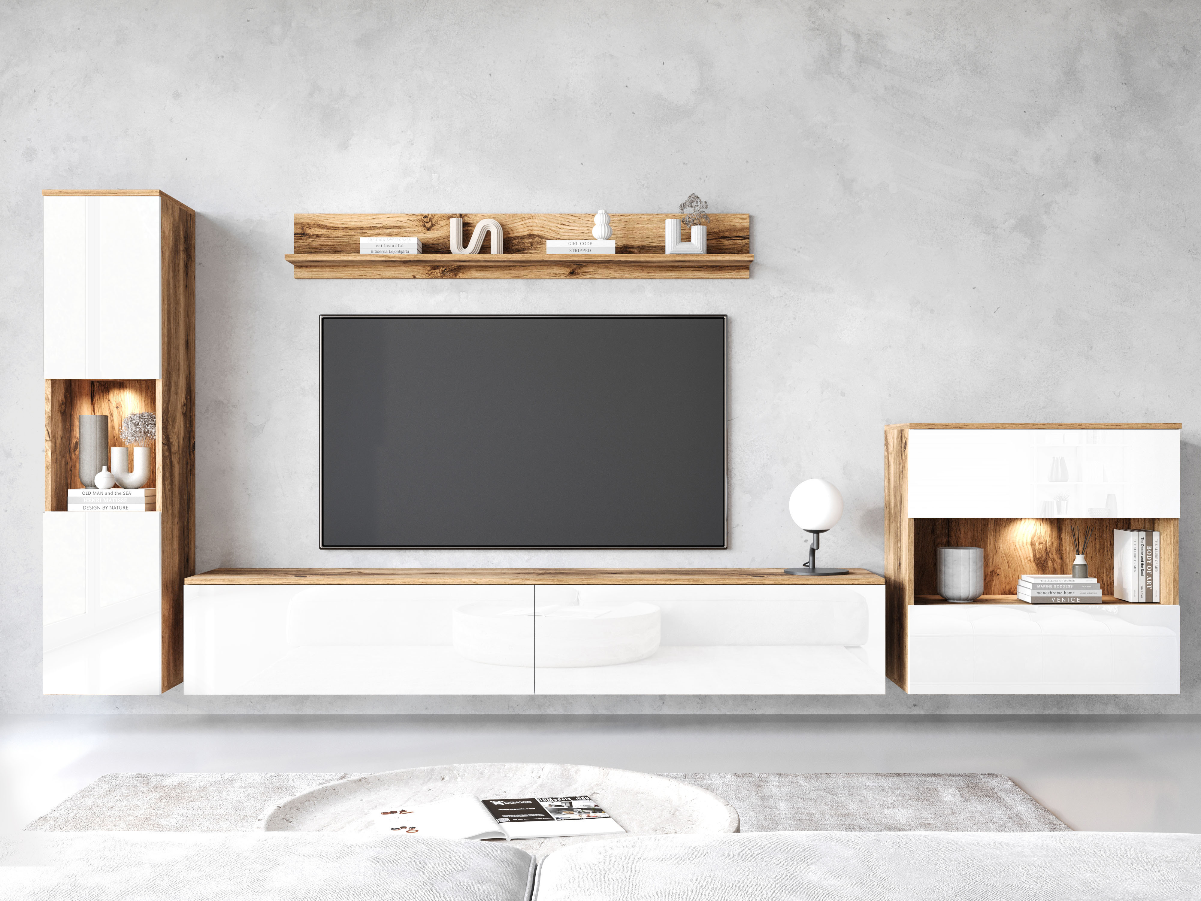 Wohnwand INOSIGN "PARIS, Vitrine Türanschlag links/rechts wechselbar", weiß (eichefarben wotan, weiß hochglanz), B:300cm H:130cm T:33cm, Hartfaserplatte, Kastenmöbel-Sets, grifflose Design, stehend und hängend montierbar