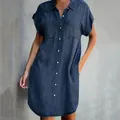 Robe chemise en denim bleu à col rabattu pour femmes manches courtes sans poches robe courte à