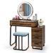 Costway Vanity Table Set with 3-Color Lighted Mirror and Charging Station-Brown