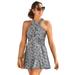 Plus Size Women's High Neck Wrap Swimdress by Swimsuits For All in Black White Abstract (Size 8)