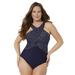 Plus Size Women's High Neck Wrap One Piece Swimsuit by Swimsuits For All in Blue White Dot (Size 12)