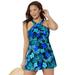 Plus Size Women's High Neck Wrap Swimdress by Swimsuits For All in Blue Hawaiian Floral (Size 14)