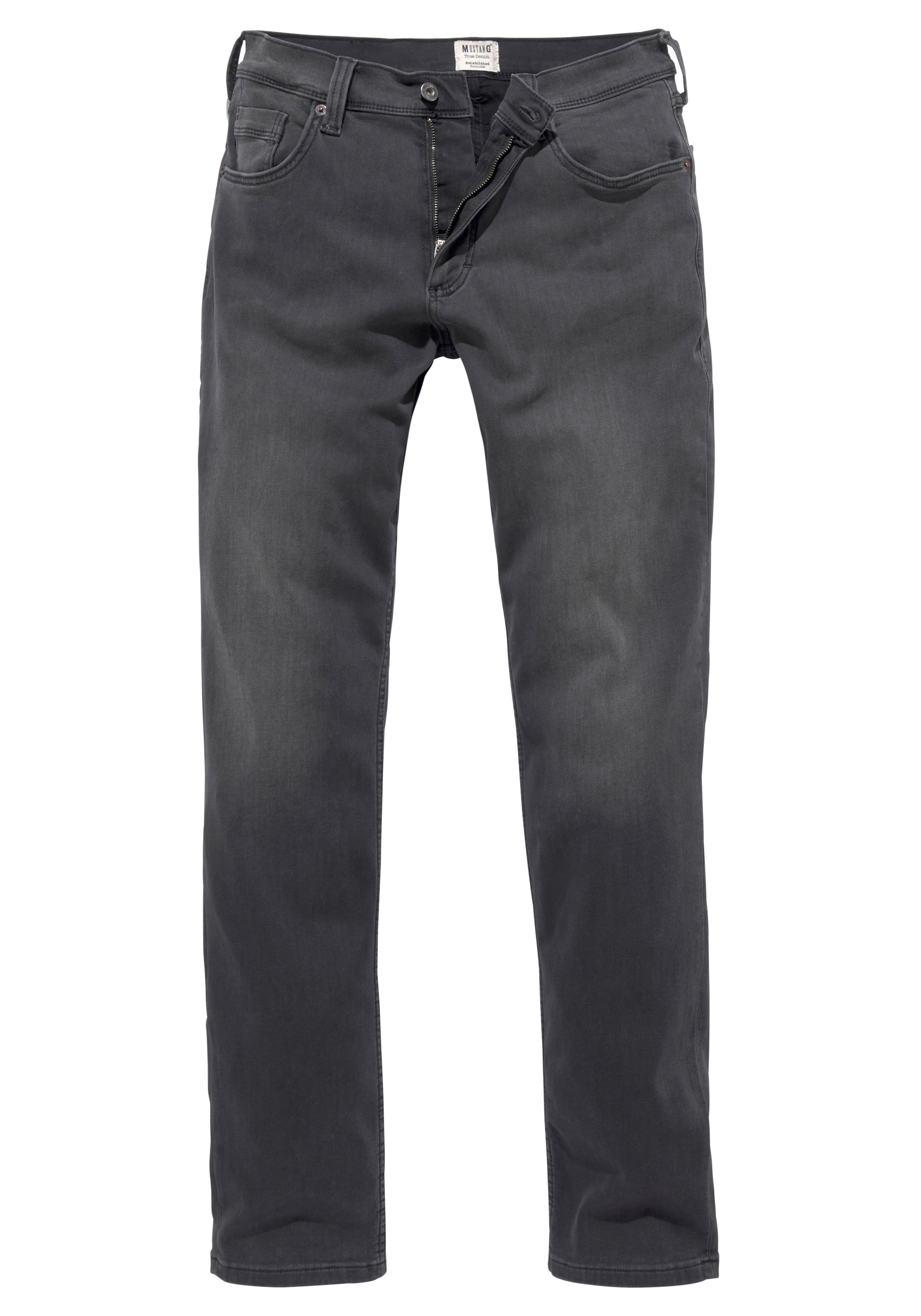 5-Pocket-Jeans MUSTANG "Style Washington Straight", Herren, Gr. 34, Länge 30, grau (medium, schwarz), Denim/Jeans, Obermaterial: 64% Baumwolle, 31% Polyester, 3% Viskose, 2% Elasthan, straight fit, Jeans 5-Pocket-Jeans, mit leichten Abriebeffekten