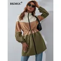 BKMGC-Manteau Long Taille Haute pour Femme Streetwear Vert Marron Beige Bandes Larges