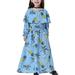 YWDJ 4-17 Years Girl Dresses Muslim Long Dress Middle Big Long Sleeve Round Neck Lace Print Dress Blue 8-9 Years