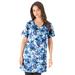 Plus Size Women's Short-Sleeve V-Neck Ultimate Tunic by Roaman's in Blue Dreamy Floral (Size 5X) Long T-Shirt Tee