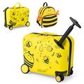 COSTWAY 2 PCS Kids Luggage Set, 4L Backpack + 17L Ride-on & Carry-on Hardshell Suitcase with Wheels and Height Adjustable Handle, Travel School Trolley Case for Boys Girls (Bee, Yellow)