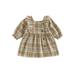 AMILIEe Toddler Baby Girls Plaid Dress Square Neck Ruffles Long Sleeve A-line Dress Casual Princess Dress