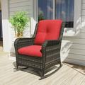 MeetLeisure Hand-woven Wicker Outdoor Rocking Chair with Red Cushion