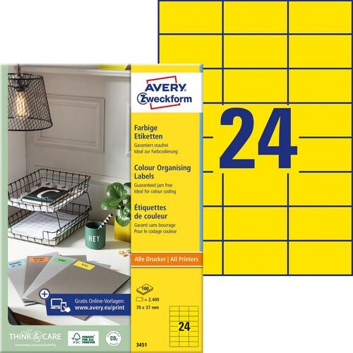 AVERY Zweckform Etiketten 3451 Selbsthaftend DIN A4 Gelb 70 x 37 mm 100 Blatt à 24 Etiketten Image