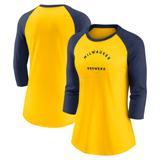 Women's Nike Gold/Navy Milwaukee Brewers Next Up Tri-Blend Raglan 3/4-Sleeve T-Shirt