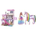 Barbie GRG93 - Traumvilla, dreistöckiges Puppenhaus (114 cm) mit Pool, ab 3 Jahren & GWM78 - Dreamtopia Magisches Zauberlicht Einhorn mit Berührungsfunktion, Licht und Sound, ab 3 Jahren