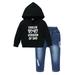 Kucnuzki 3T Toddler Boy Autumn Winter Outfits Pants Sets 4T Long Sleeve COOLER Prints Cozy Hooded Sweatshirt Tops Elastic Denim Cozy Pants 2PCS Set Black