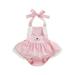 Lamuusaa Easter Infant Baby Girls Romper Cartoon Print Rabbit Ears Tie-Up Halter Neck Sleeveless Backless Lace Trim Ruffles Jumpsuits