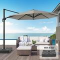 FLAME&SHADE 11ft Outdoor Hanging Patio Cantilever Umbrella with a Base and Crank Lift Function for Commercial Street and Beach Gray