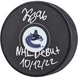 Andrei Kuzmenko Vancouver Canucks Autographed Hockey Puck with "NHL Debut 10/12/22" Inscription