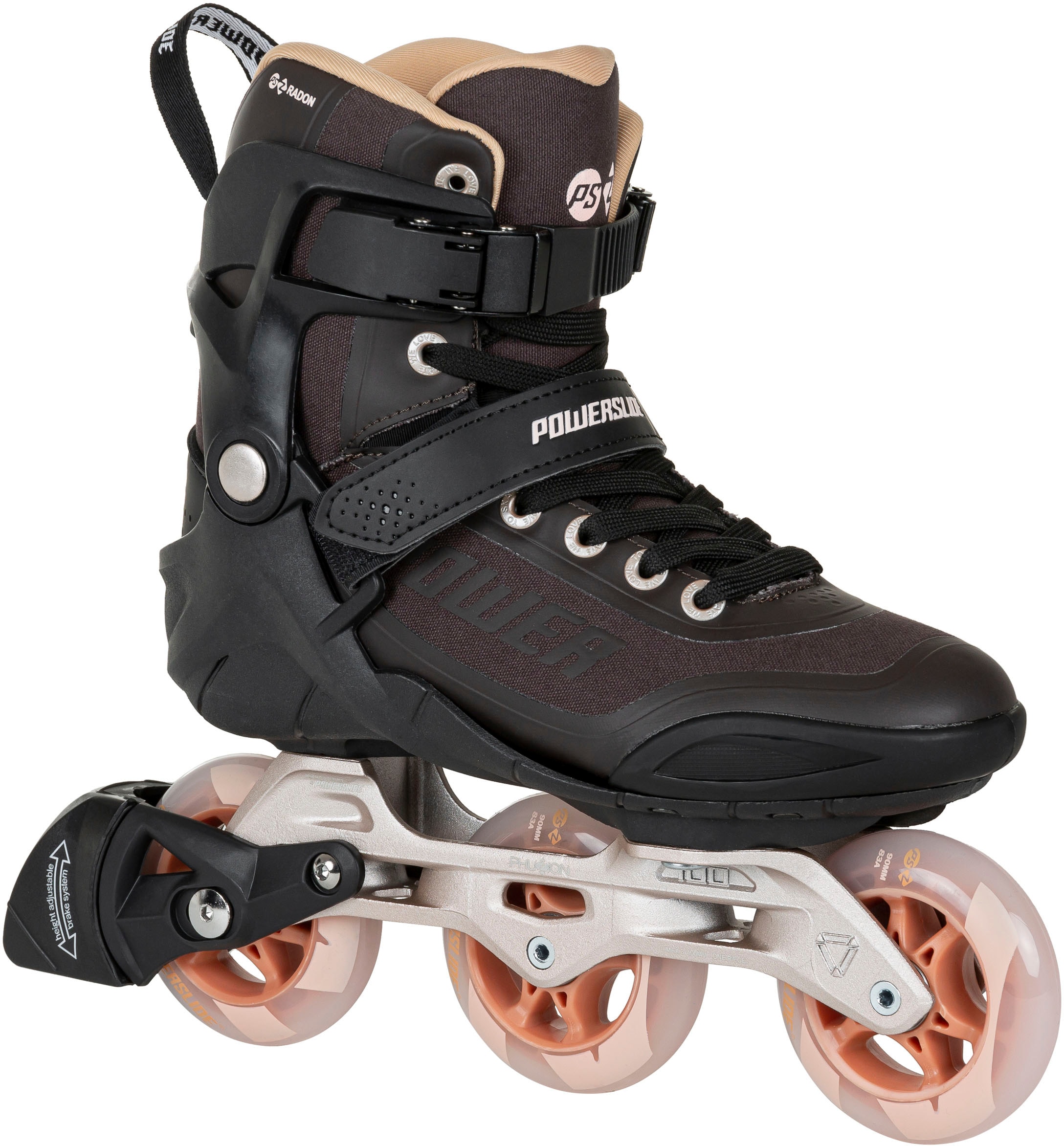 Inlineskates POWERSLIDE "Phuzion Radon Bronze 90" Gr. 39, schwarz (schwarz, braun, bronzefarben), Inlineskates_Rollschuhe, Kinder, 39 (bis 100 kg), Kunstfaser