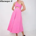 Klacwaya-Robe Mi-Longue Rose Sexy pour Femme Vêtement Vintage à une Initiée Ajourée pour ix Été