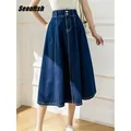 Seoulish – jupe longue en jean pour femmes classique taille haute droite ligne a avec poches