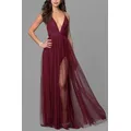 Sexy col en v profond dos nu été bordeaux robes femme soirée en mousseline de soie longue robe maxi