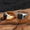 Bague en pierre noire pour hommes et femmes matiques de couple en acier inoxydable amulette en or