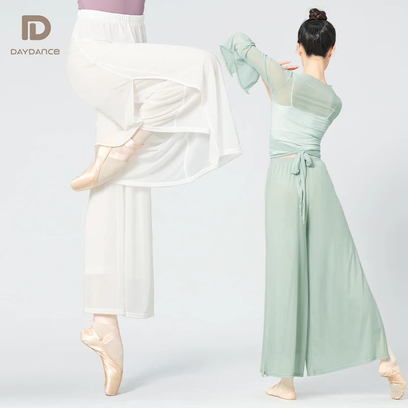 Pantalons de Ballet pour femmes, pantalons de Sport, Fitness, Yoga, Double couche, pantalons de danse en maille, pantalons de course, jambes larges, pantalons longs fendus