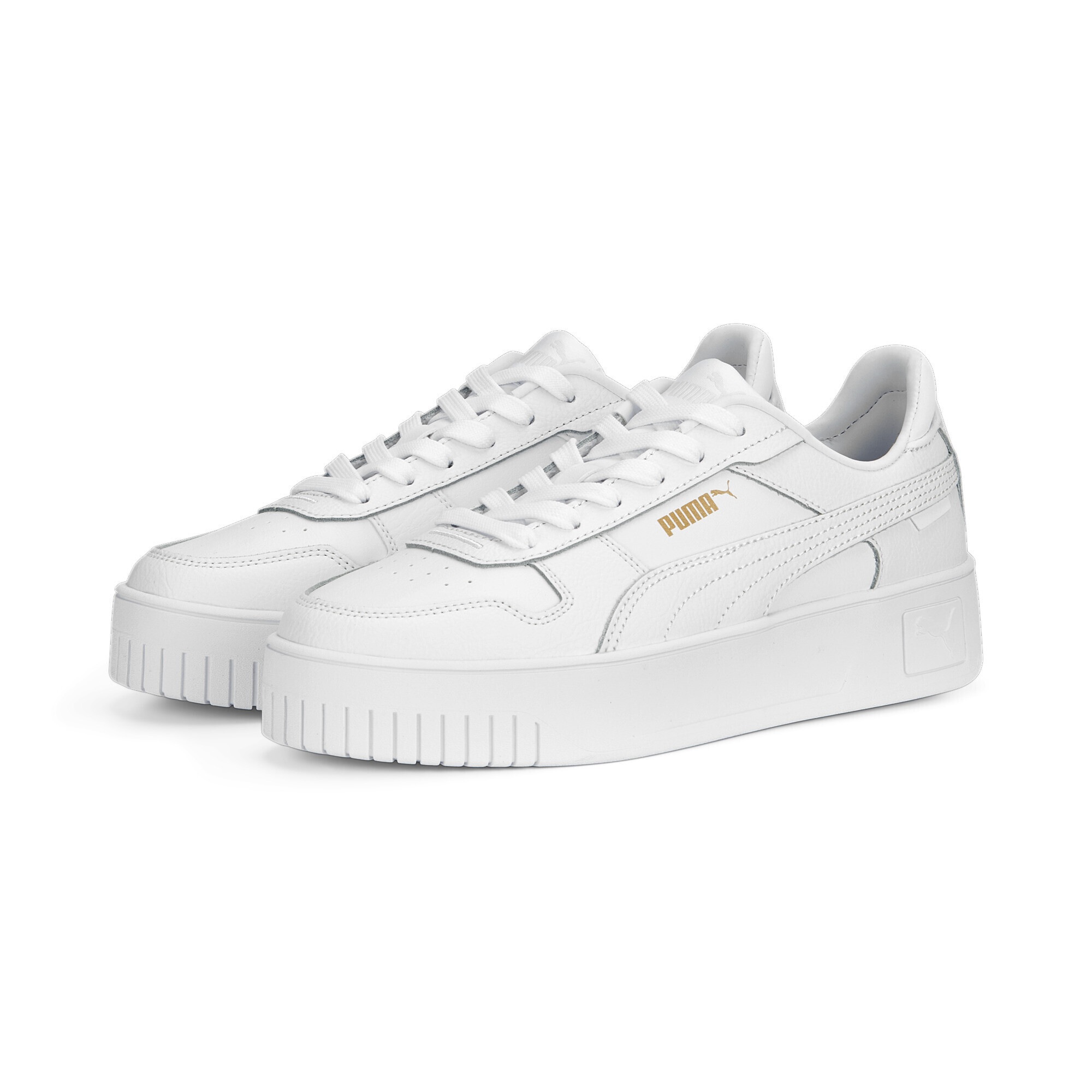 Sneaker PUMA "Carina Street Sneakers Damen", Damen, Gr. 37,5, weiß (weiß gold), Obermaterial: Kuhleder, Synthetik, Leder; Futter: Textil, Synthetik; Innensohle: Textil; Laufsohle: Gummi, Schuhe Sneaker