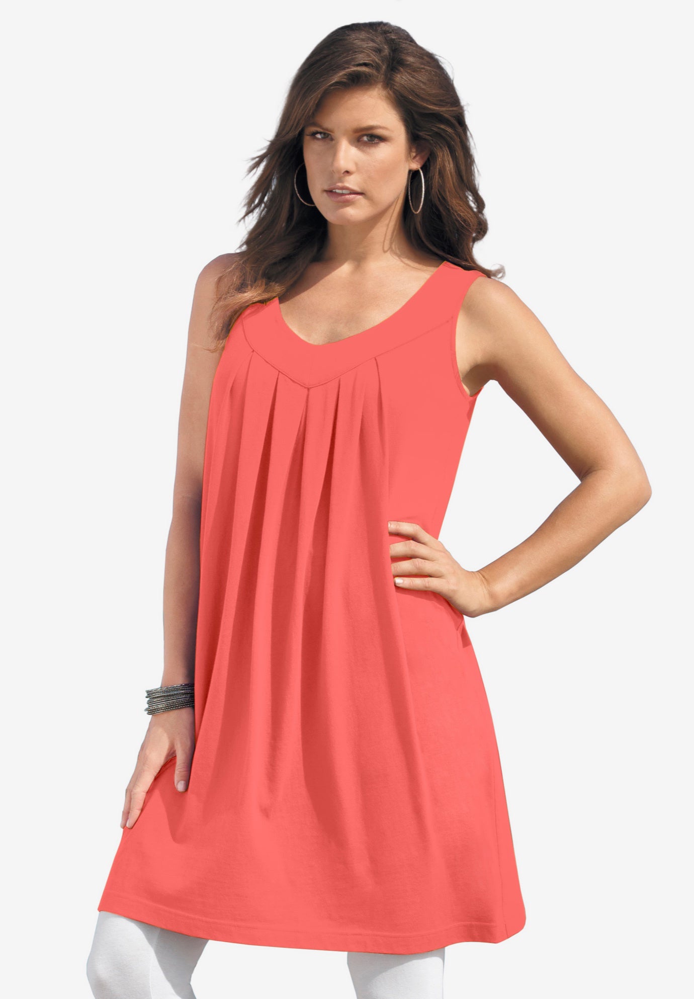 Plus Size Women's Ultimate Pleated Tunic Tank by Roaman's in Sunset Coral (Size S) Top