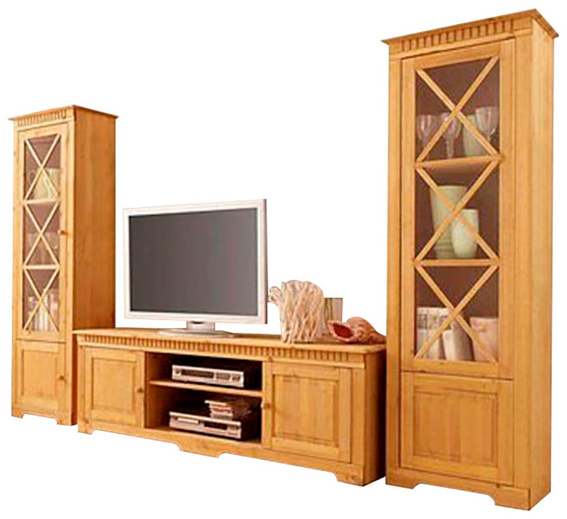 Wohnwand HOME AFFAIRE "Lisa", beige (natur gebeizt, gewachst), B:295cm, Massivholz, Kastenmöbel-Sets, Wohnwand, bestehend aus zwei Vitrinen und einem Lowboard, massives Kiefernholz