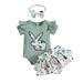 TAIAOJING Baby Girl Outfit Girls Short Sleeve Easter Cartoon Rabbit Prints Romper Bodysuit Ruffles Shorts Headbands Outfits 3-6 Months