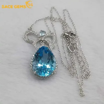 SACE GEMS-Pendentif topaze bleu ciel pour femme argent regardé 925 collier pendentif cadeau de