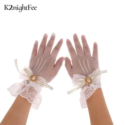 Gants en dentelle de fleur de nœud en maille pour filles bracelet doux gants de mariage Lolita