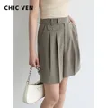 CHIC VEN – short plissé décontracté pour femmes taille haute contraste pantalon de costume