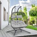 Brafab 2 Person Swing Egg Chair with Sturdy Stand and Fluffy Cushion Large Double Hand-Woven Wicker Rattan Hanging Egg Chairs Porch Swing Loveseat 500LBS Capacity for Indoor Outdoor Light Grey