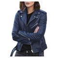 Stamzod Women s Faux Leather Belted Motorcycle Jacket Long Sleeve Zipper Fitted Fall and Winter Fashion Moto Bike Short Jacket Coat Blue XL