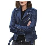 Stamzod Women s Faux Leather Belted Motorcycle Jacket Long Sleeve Zipper Fitted Fall and Winter Fashion Moto Bike Short Jacket Coat Blue L