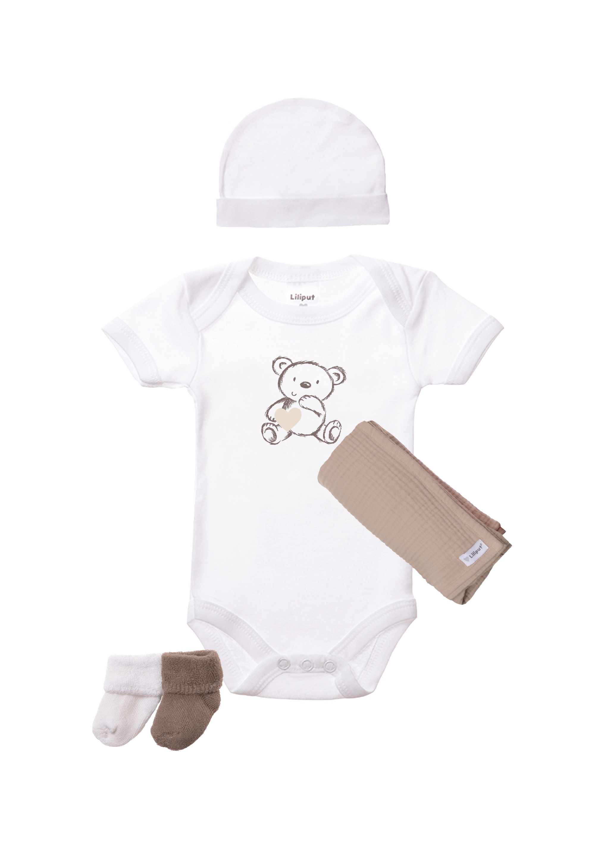 Erstausstattungspaket LILIPUT "Teddy", Baby, Gr. 50/56, braun (weiß, braun), 100% Baumwolle, KOB Set-Artikel, in niedlichem Design Image