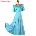 Robe de danse de salon en maille pour femme col rond jupe longue manches courtes vêtements de