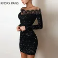 Robe élégante à manches longues pour femme ourlet en dentelle paillettes mini robe de soirée