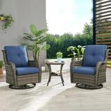 PARKWELL 3-Piece Outdoor Swivel Gliders with Side Table - Patio Wicker Bistro Furniture Set for Porch Deck Backyard - Blue Cushioned Swivel Rocking Chairs in Gray Wicker