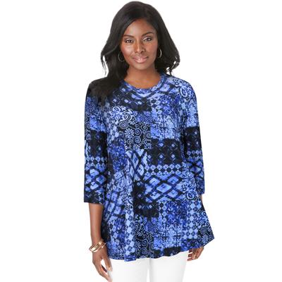 Plus Size Women's Stretch Knit Swing Tunic by Jessica London in Blue Patchwork (Size 12) Long Loose 3/4 Sleeve Shirt