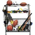 GZXS Sports Equipment Organizer Sports Gear Basketball Storage with Baskets and Hooks Ball Storage Rack Garage Ball Storage Sports Gear Storage Rolling Sports Ball Storage Cart Black