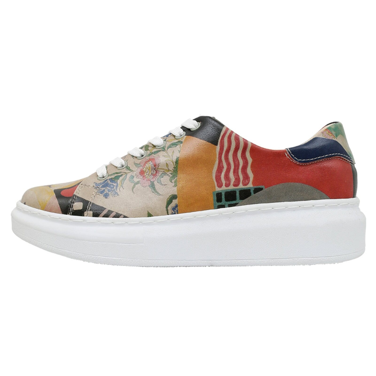 Plateausneaker DOGO "Myra Low-Top Sneaker Relationships Damen Sneaker", Damen, Gr. 38, Normalschaft, bunt (natur), Lederimitat, Schuhe Skaterschuh Plateausneaker Sneaker low, Handgefertigt