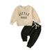 JDEFEG Sweat Clothes for Boys Toddler Baby Boy Girl Fall Clothes Letter Print Sweatshirt Pullover Tops + Pants Outfits Set Tracksuit Clothing Toddler Sweatsuit Set Beige 80