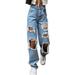 AMILIEe Ripped Denim Pants for Women High Waisted Baggy Boyfriend Jeans Straight Wide Leg Pants