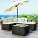 5-Piece Patio Rattan PE Wicker Furniture Corner Sofa Set with 2 Sofa chairs 1 Corner chair 1 ottoman and 1 glass coffee table Sectional Sofa Chair Seating Lying(Black Wicker Beige Cushion)