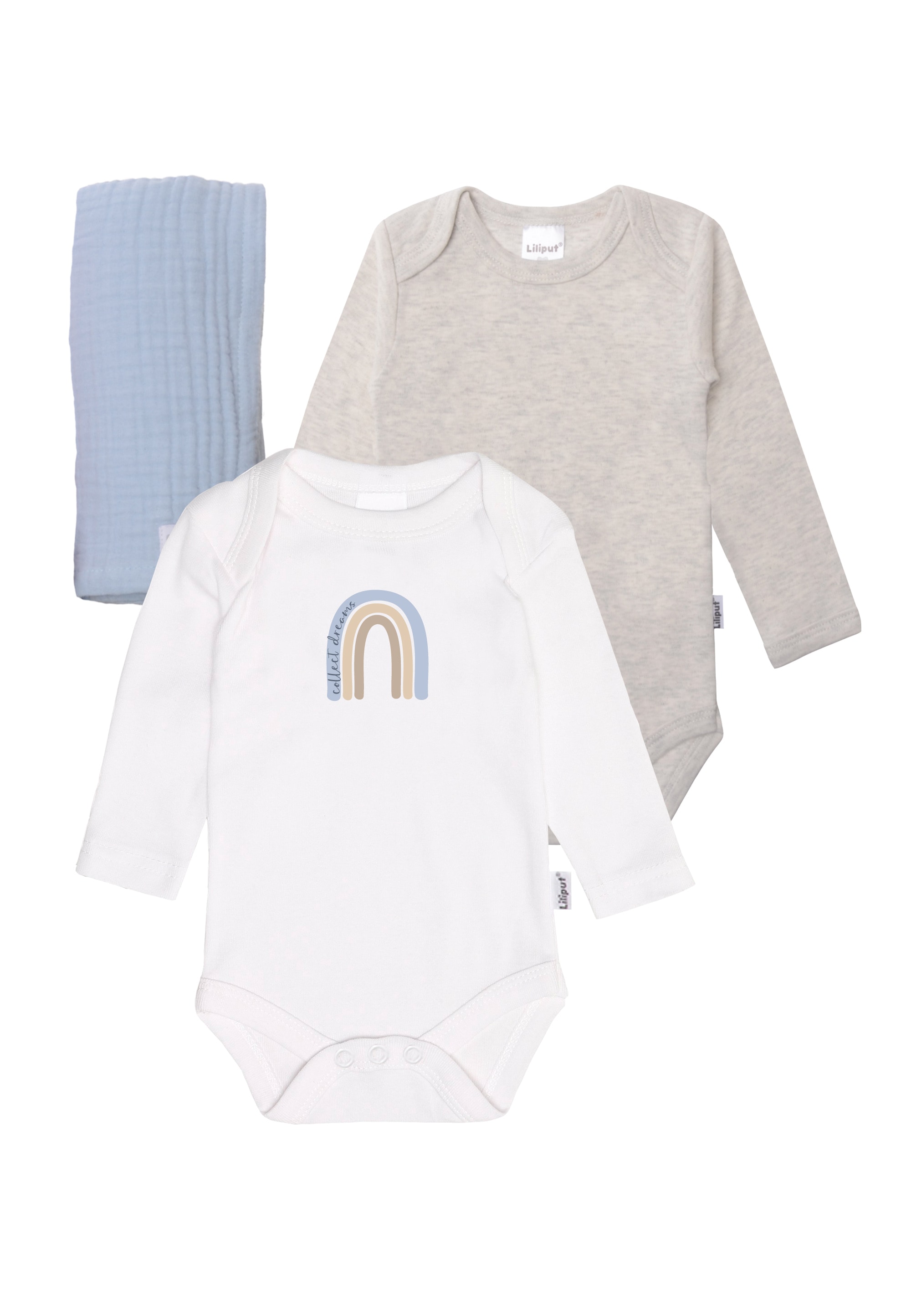 Erstausstattungspaket LILIPUT "Regenbogen", Baby, Gr. 50/56, grau (weiß, grau), 100% Baumwolle, KOB Set-Artikel, mit niedlichem Print auf dem Body Image